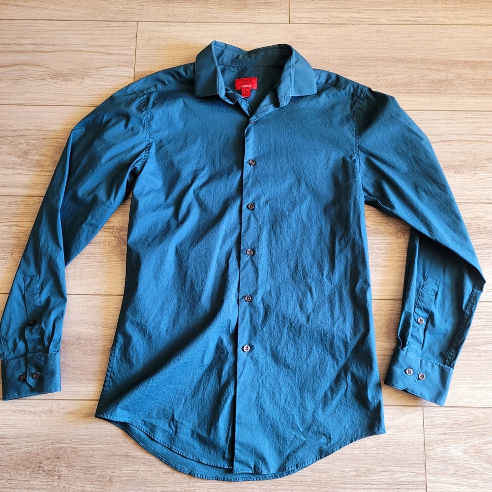 Alfani Men's Vivid Teal Long Sleeve Cotton Button-up Dress Shirt S 14 1/2 32-33